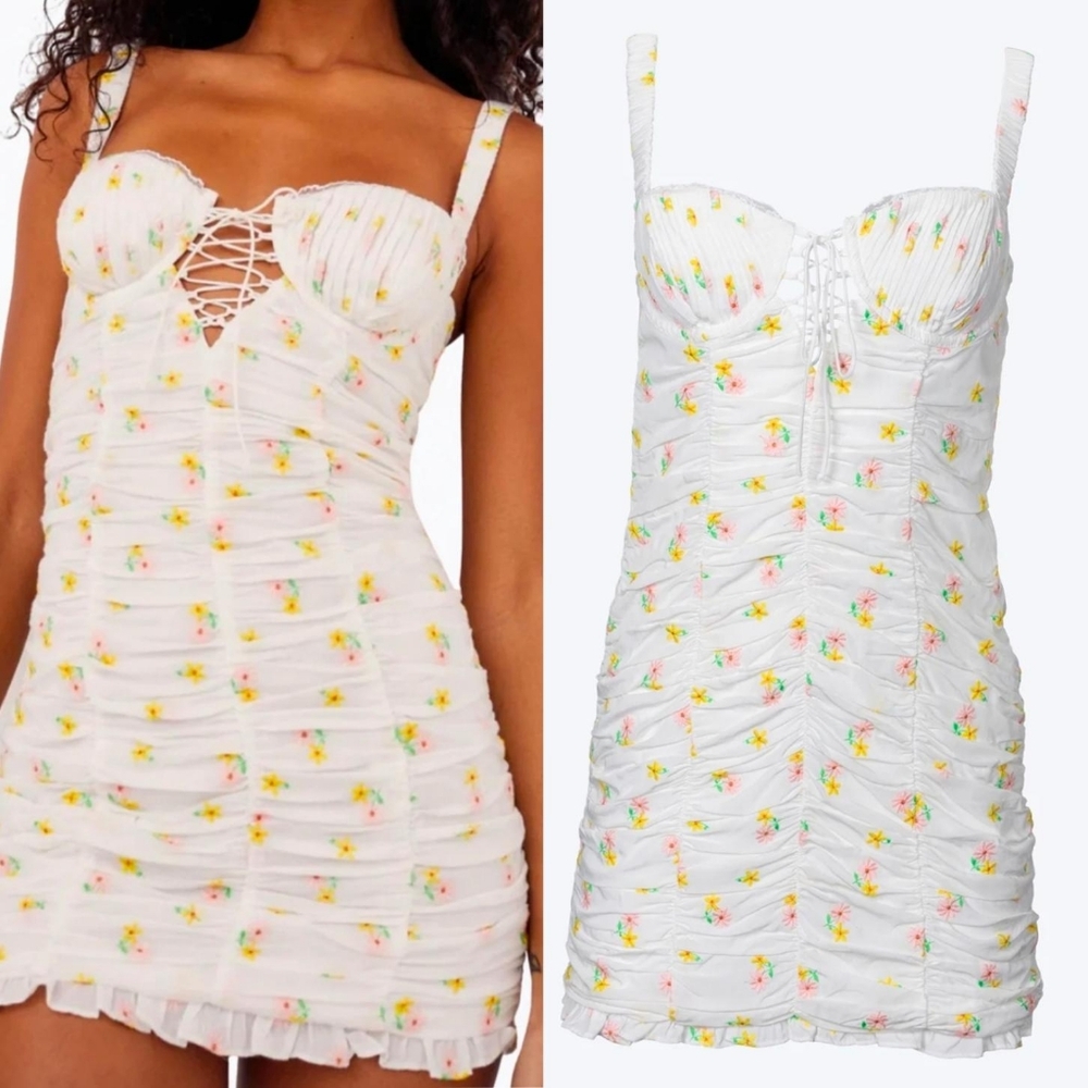 For Love & Lemons Celia Shirred Floral Embroidered Lace Up Mini Dress Size Large